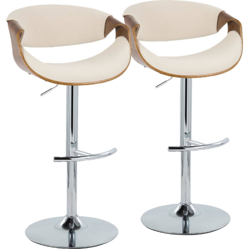 Curvo Adjustable Swivel Bar Stool in Chrome, Walnut Wood & Cream Fabric (Set of 2)